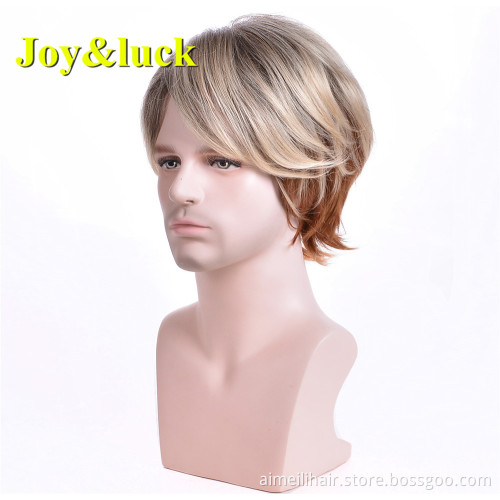 Blonde Ombre Brown Color Man Hair Male Wholesale Wigs for Men Daily or Party Short Natural Straight Men Wigs Synthetic Hair Wigs